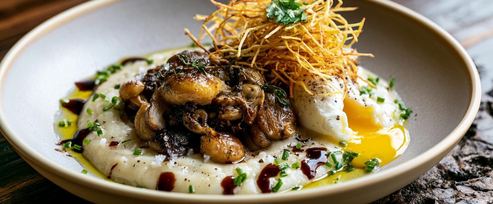 Aardappelcrème met Paddenstoel, Zacht Ei, Krokante Aardappel en Balsamico